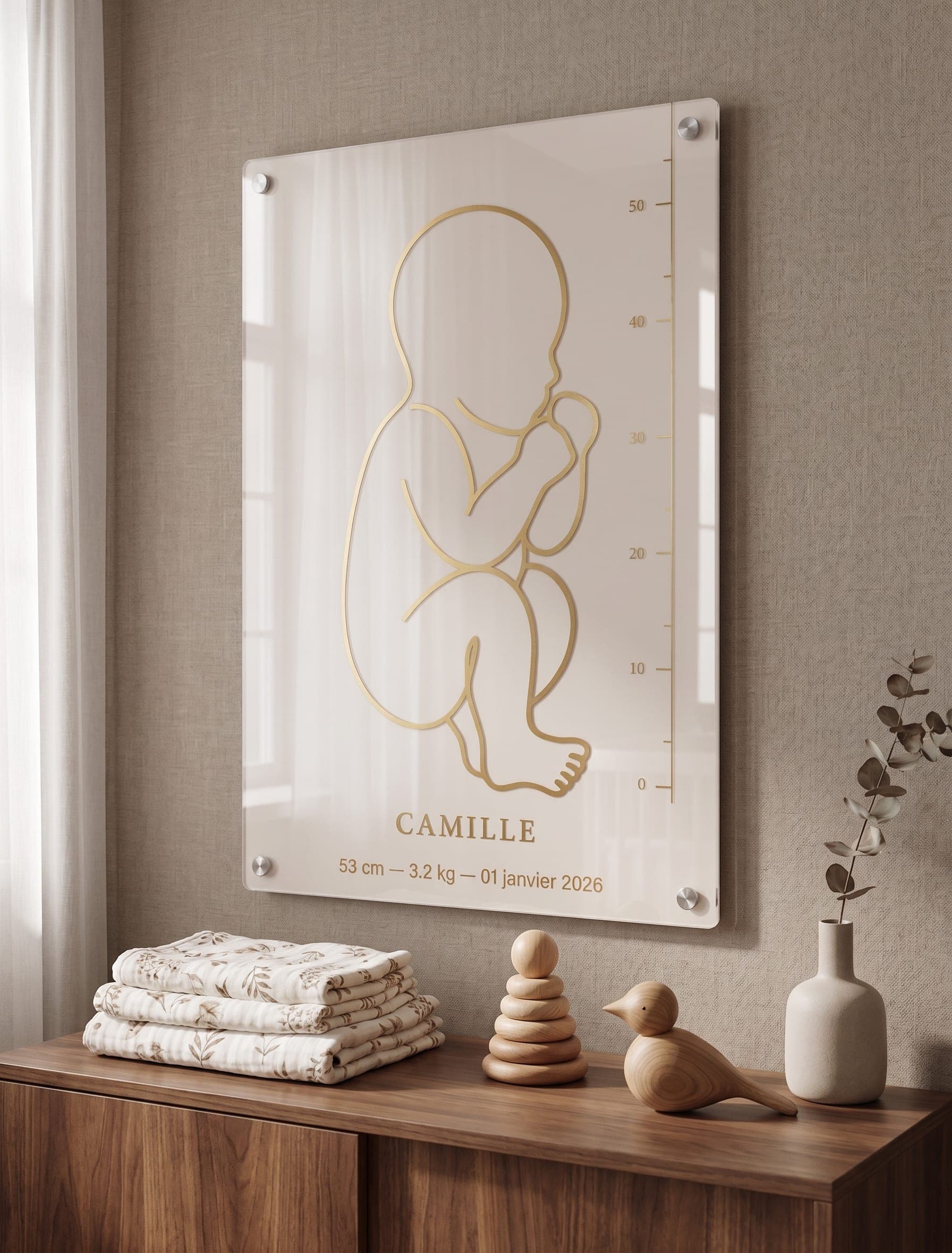 Plaque de naissance sur verre acrylique posée sur une commode en bois, entourée de linge et jouets pour bébé